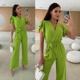 Women V-Neck Ruffle Sleeve Lace-Up Casual Wide Leg Jumpsuit