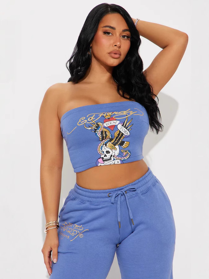 Women Sexy Strapless Top Trousers Two Piece Set