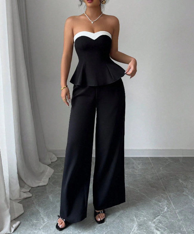 Women Summer Elegant Strapless Contrast Color Top and Pants Two Piece Set