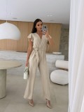 Women V-Neck Ruffle Sleeve Lace-Up Casual Wide Leg Jumpsuit