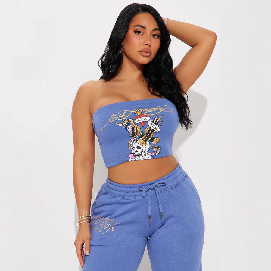 Women Sexy Strapless Top Trousers Two Piece Set