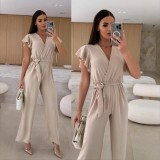 Women V-Neck Ruffle Sleeve Lace-Up Casual Wide Leg Jumpsuit