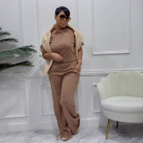 Women Casual Elegant Career Short Sleeve Top and Wide Leg Pants Two Piece Set