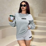 Women Summer Solid Long Sleeve Round Neck Top and Shorts Two Piece Set