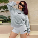 Women Summer Solid Long Sleeve Round Neck Top and Shorts Two Piece Set