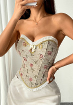 Women French Jacquard Patchwork Ruffled Off Shoulder Strapless Fishbone Corset Lace-Up Vest