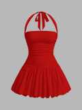 Women Halter Neck lace sexy bubble ruffle Mini dress