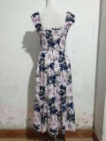 Women Large Flower Ruffle Sleeve Bohemian Beach Holidays Suspender Dress