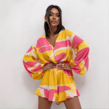 Women Printed V-Neck Long Sleeve Jumpsuit