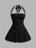 Women Halter Neck lace sexy bubble ruffle Mini dress