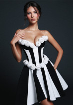 Women Strapless Sleeveless Jacquard Black and White Patchwork Dress