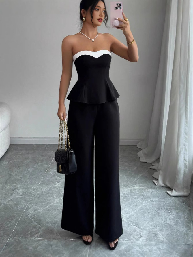 Women Summer Elegant Strapless Contrast Color Top and Pants Two Piece Set