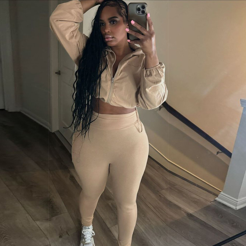 Women Sexy Drawstring Zipper Crop Top and Solid Pants Two Piece Set