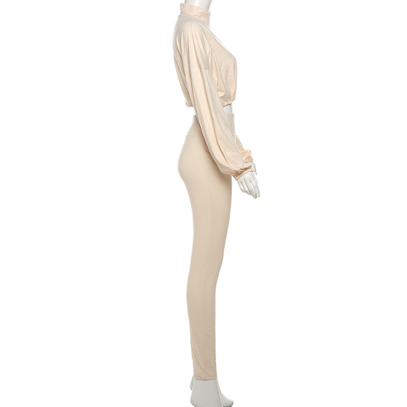 Women Sexy Drawstring Zipper Crop Top and Solid Pants Two Piece Set