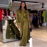 Women Summer Lace-up V-Neck Lantern Sleeve Shirt and Pleated Wide Leg Pants Two Piece Set