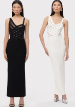 Women cross hollow V Neck black and white Formal Party dress