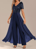 Women Solid Chiffon Sequin Patchwork Jumpsuit