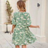 Women Print V Neck Short Sleeve Dress