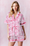 Women Print Turndown Collar Button Short Sleeve Lace-Up Top and Shorts Two Piece