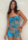 Women Summer Trend Strapless Print Top and Shorts Two Piece Set