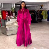Women Summer Lace-up V-Neck Lantern Sleeve Shirt and Pleated Wide Leg Pants Two Piece Set