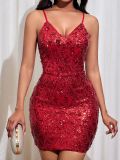 Women Solid Sequin Backless Lace V-Neck Bodycon Dress