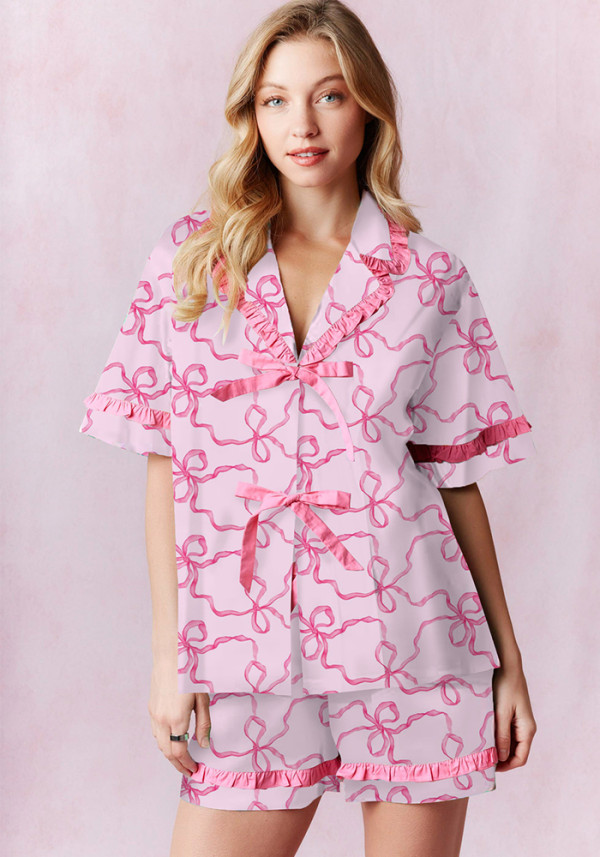 Women Print Turndown Collar Button Short Sleeve Lace-Up Top and Shorts Two Piece