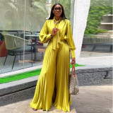 Women Summer Lace-up V-Neck Lantern Sleeve Shirt and Pleated Wide Leg Pants Two Piece Set