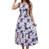 Women Large Flower Ruffle Sleeve Bohemian Beach Holidays Suspender Dress