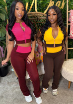 Women Patchwork Contrast Round Neck Short Sleeve Top and Bell Bottom Pants Two Piece Set Women Patchwork Contrast Round Neck Short Sleeve Top and Bell Bottom Pants Two Piece Set