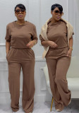 Women Casual Elegant Career Short Sleeve Top and Wide Leg Pants Two Piece Set