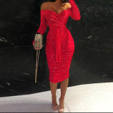 Women Solid Shiny Off Shoulder Bodycon Dress