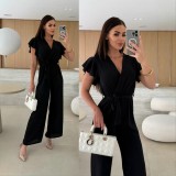 Women V-Neck Ruffle Sleeve Lace-Up Casual Wide Leg Jumpsuit