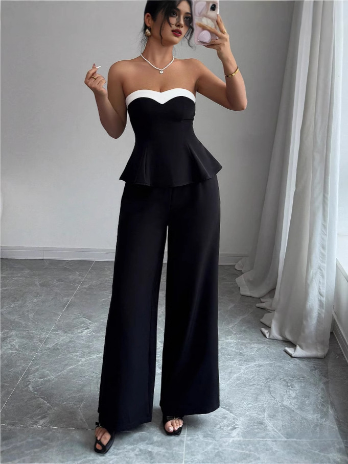 Women Summer Elegant Strapless Contrast Color Top and Pants Two Piece Set