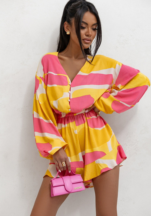 Women Printed V-Neck Long Sleeve Jumpsuit