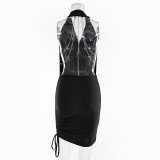 Women Halter Neck Backless sleeveless chain pleated Bodycon dress