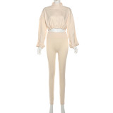 Women Sexy Drawstring Zipper Crop Top and Solid Pants Two Piece Set