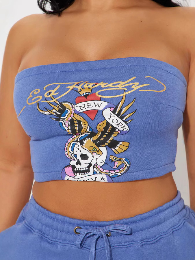 Women Sexy Strapless Top Trousers Two Piece Set