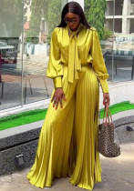 Women Summer Lace-up V-Neck Lantern Sleeve Shirt and Pleated Wide Leg Pants Two Piece Set Women Summer Lace-up V-Neck Lantern Sleeve Shirt and Pleated Wide Leg Pants Two Piece Set