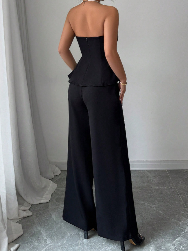 Women Summer Elegant Strapless Contrast Color Top and Pants Two Piece Set