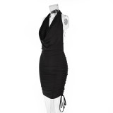 Women Halter Neck Backless sleeveless chain pleated Bodycon dress