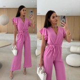 Women V-Neck Ruffle Sleeve Lace-Up Casual Wide Leg Jumpsuit