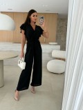 Women V-Neck Ruffle Sleeve Lace-Up Casual Wide Leg Jumpsuit
