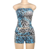 Women Summer Trend Strapless Print Top and Shorts Two Piece Set