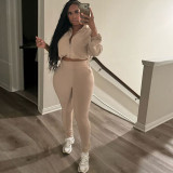 Women Sexy Drawstring Zipper Crop Top and Solid Pants Two Piece Set