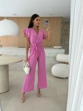 Women V-Neck Ruffle Sleeve Lace-Up Casual Wide Leg Jumpsuit