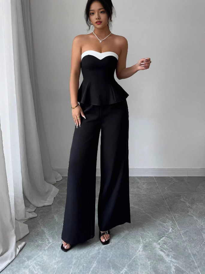 Women Summer Elegant Strapless Contrast Color Top and Pants Two Piece Set