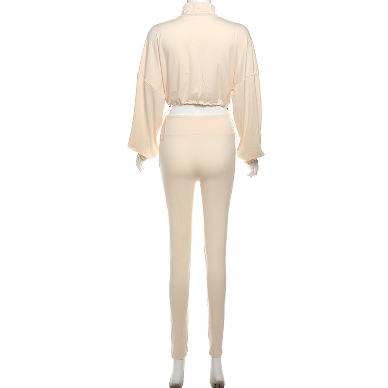 Women Sexy Drawstring Zipper Crop Top and Solid Pants Two Piece Set