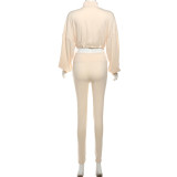 Women Sexy Drawstring Zipper Crop Top and Solid Pants Two Piece Set