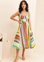 Women Bohemian Holidays Back Hollow Tassel Lace-Up Pocket Stripe Strap Dress Women Bohemian Holidays Back Hollow Tassel Lace-Up Pocket Stripe Strap Dress